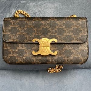Brown Celine Triomphe Chain Shoulder Bag Triomphe Coated Canvas Small
